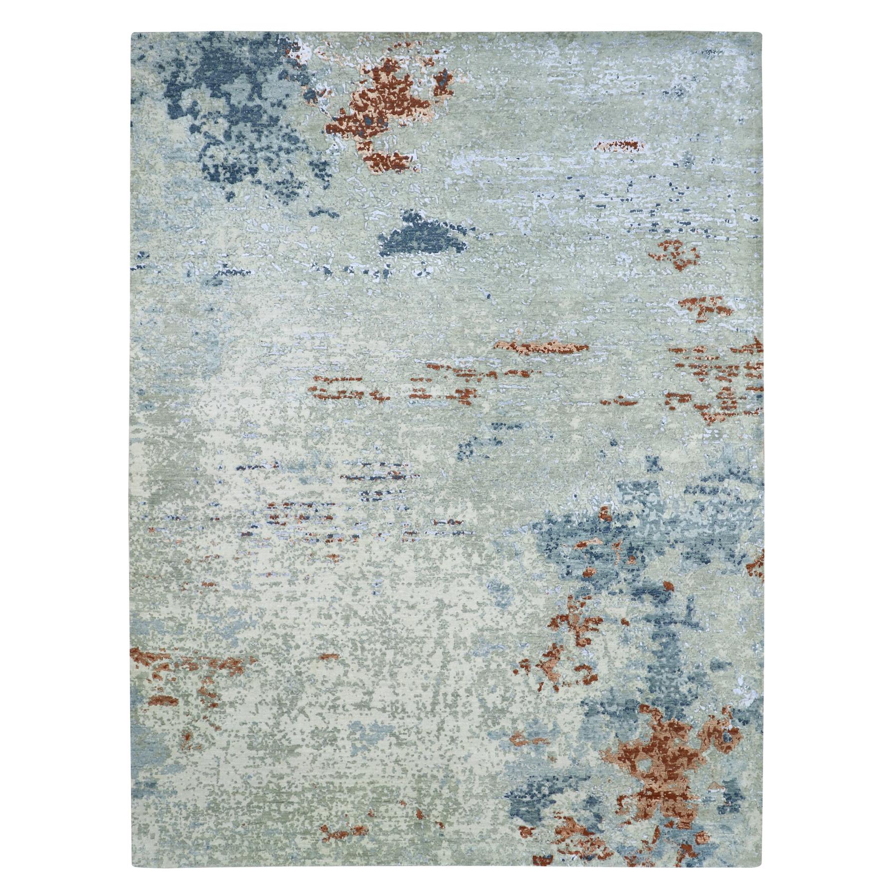 Gray with Beige, Persian Knot, Abstract with Galaxy Design, 100% Wool, Hand Knotted, Densely Woven, Oriental Rug